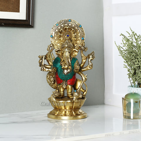 Brass Kan Drishti Ashtabhuja-Dhari Ganesh Idol Statue Gts244