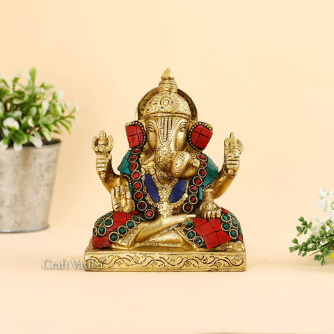 Sitting On Base Blessing Ganesh Idol Statue Brass With Turquoise Gemstones Gts164