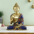 Brass Blue Buddha Statue Idol With Inlay Stone Work,Multicolor-Bts212,14X11X7 Inches
