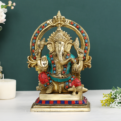 Lord Ganpati Brass Idol On Throne Worship Statue Gts191