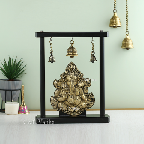 Brass Ganesha Idol On Wooden Base With Hanging Bells Gbs241