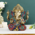 Brass Blessing Long Ear Jolly Ganesha Idol Statue With Colored Stones Gts171
